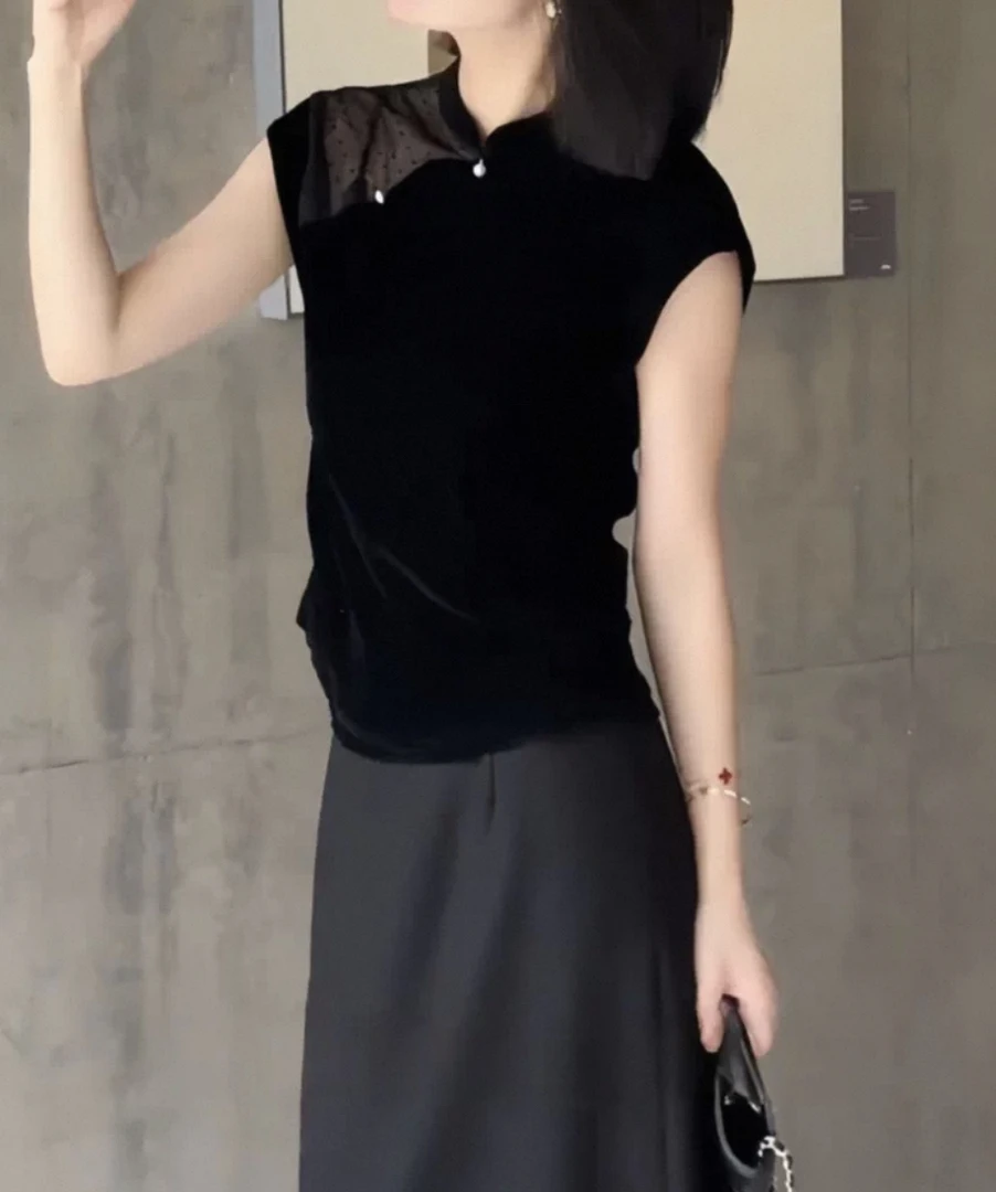 国风小立领盘扣丝绒拼网纱无袖t恤女25夏季时尚气质显瘦百搭上衣