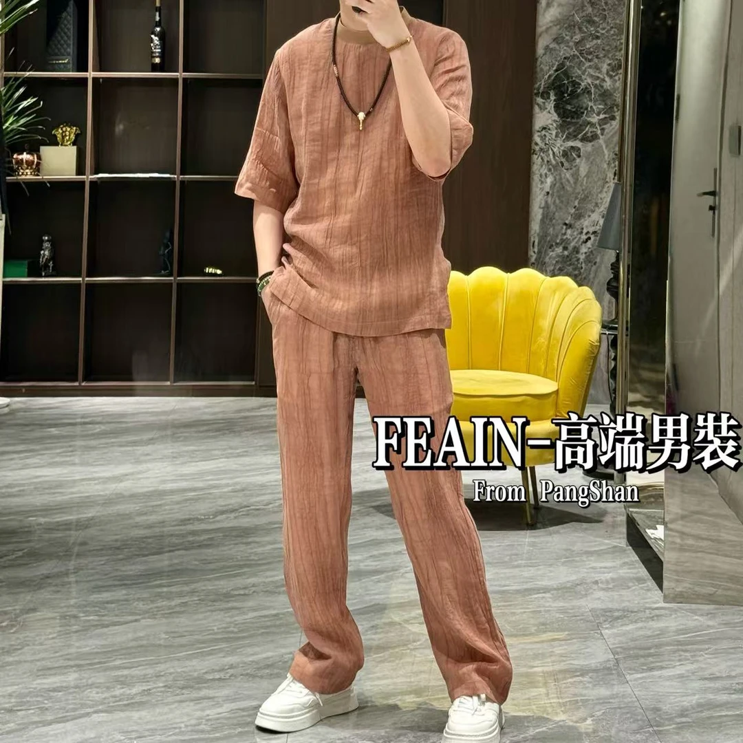 【进口苎麻】夏凉男士手抓大理石纹理水洗色做旧工艺苎麻套装2576