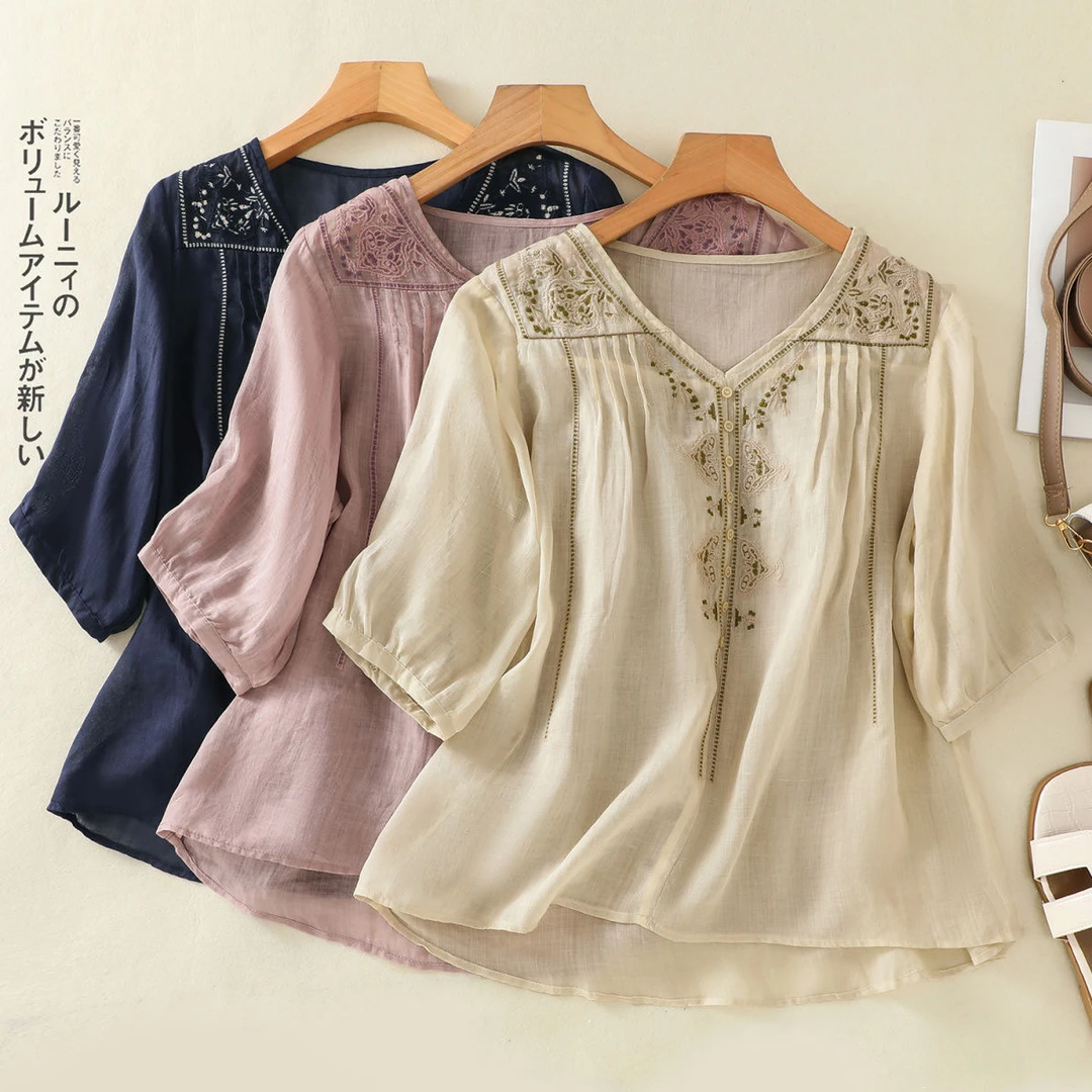 YOYOGALI 343棉麻文艺五分复古刺绣新款立领T恤