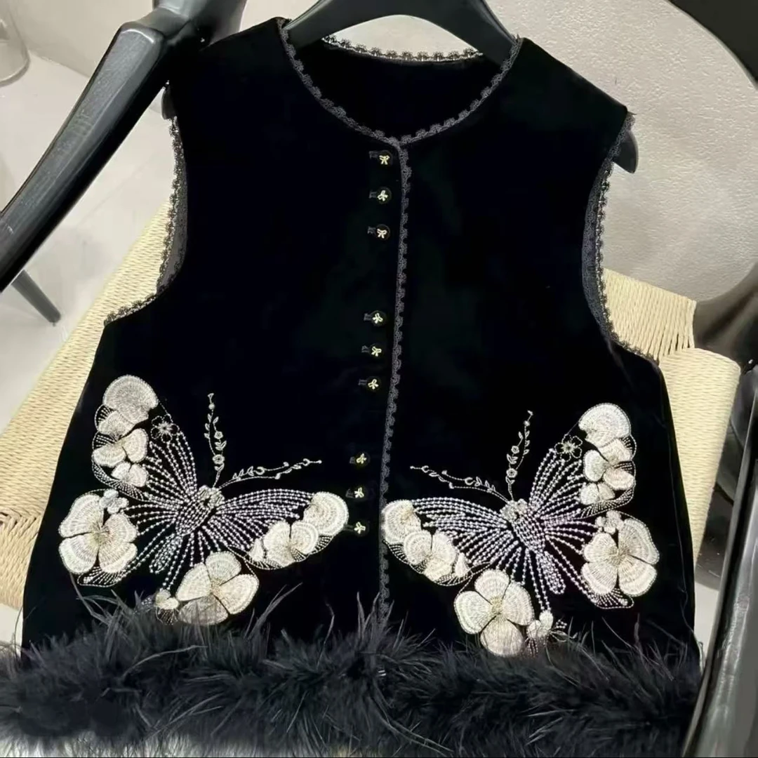 【锦蝶】2025新款马甲女新中式宽松圆领重工绣花高级感丝绒上衣马夹