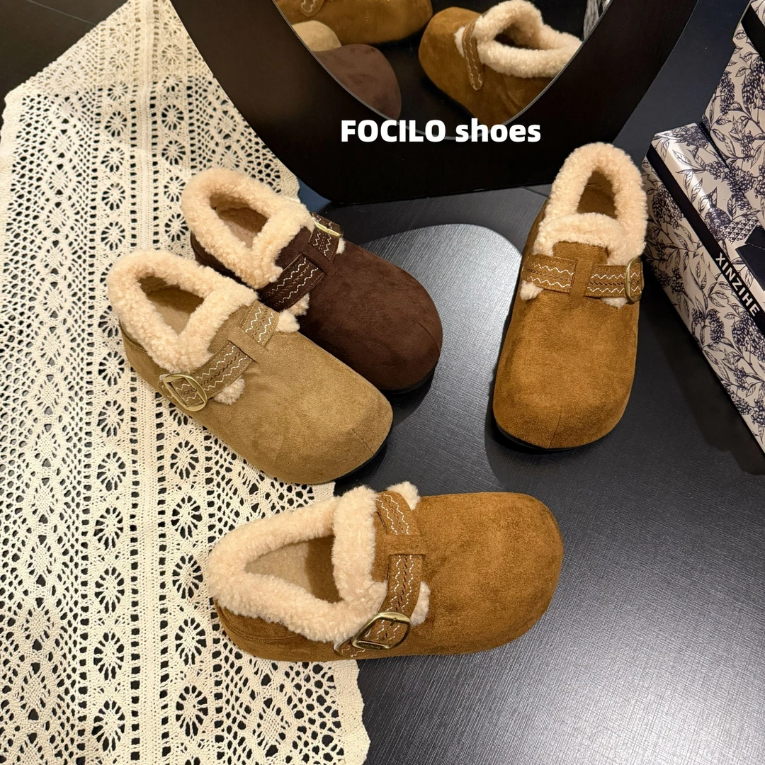 厚底内增高勃肯鞋女冬外穿2025年新款懒人一脚蹬加绒保暖毛毛棉鞋