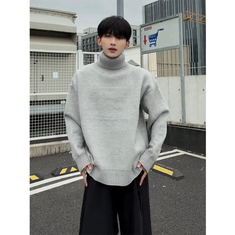 韩系慵懒风高领毛衣男款冬季灰色加绒内搭打底衫重磅高级感毛线衣