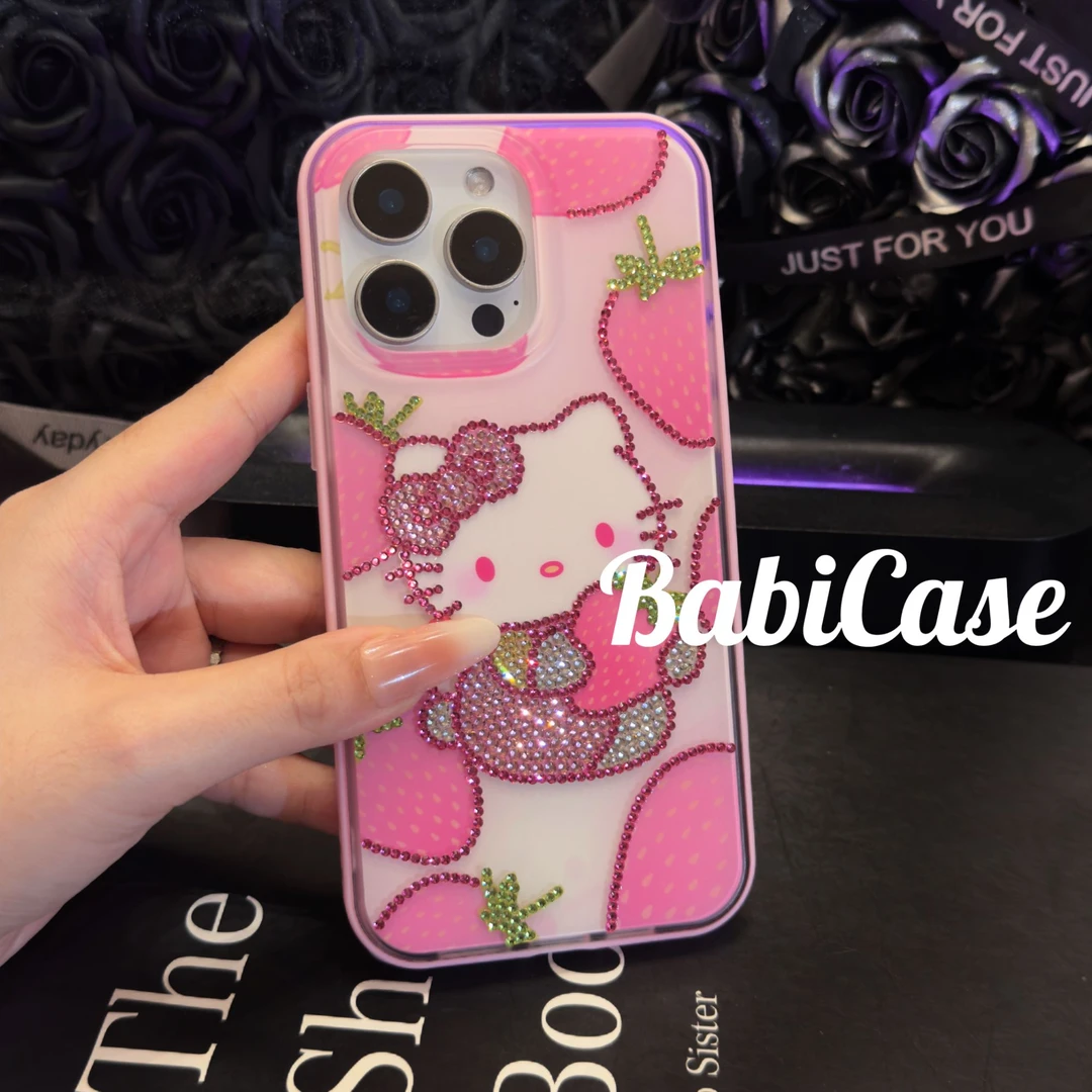 【草莓KITTY手工钻壳】高定二合一适用于iPhone16promax苹果手机壳