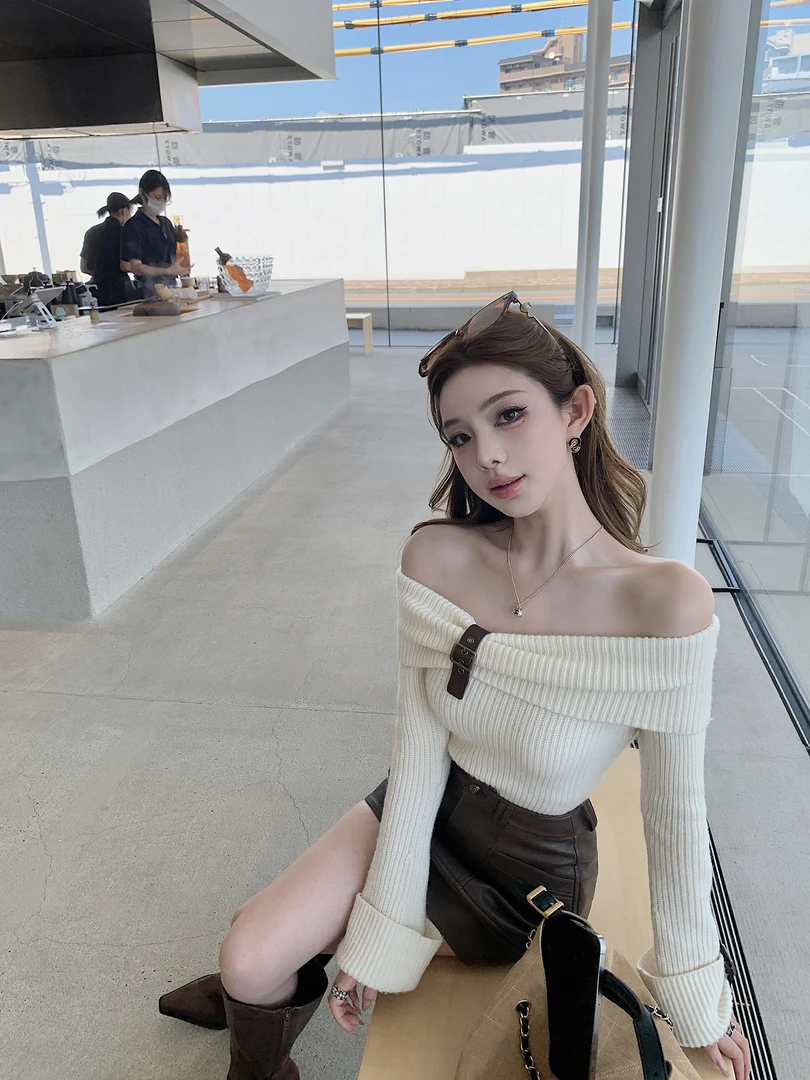 古早奈奈子 纯欲辣妹一字肩毛衣露肩针织上衣复古性感包臀皮裙女