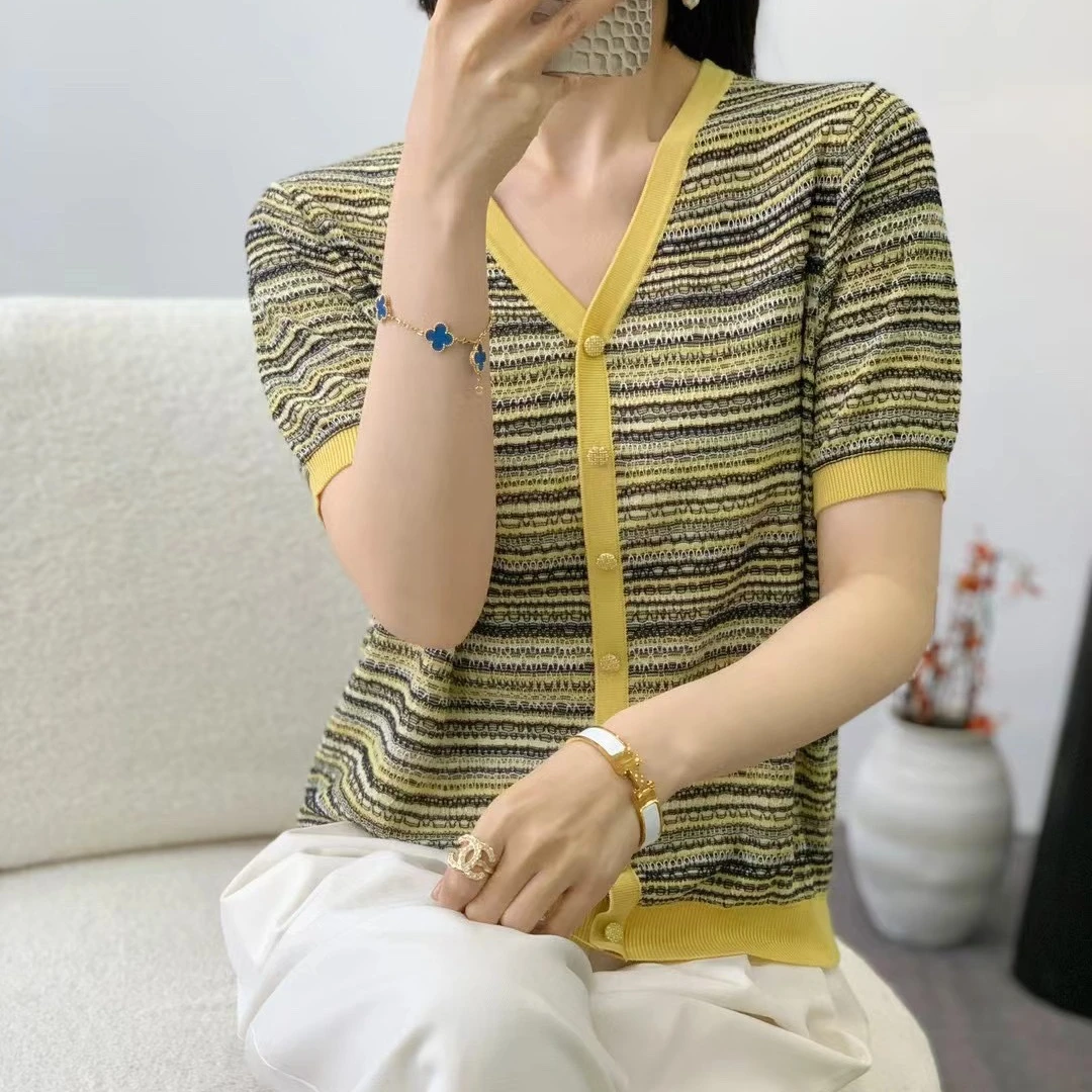 夏季新款黄色时尚条纹短袖针织圆V领女宽松显瘦百搭上衣潮