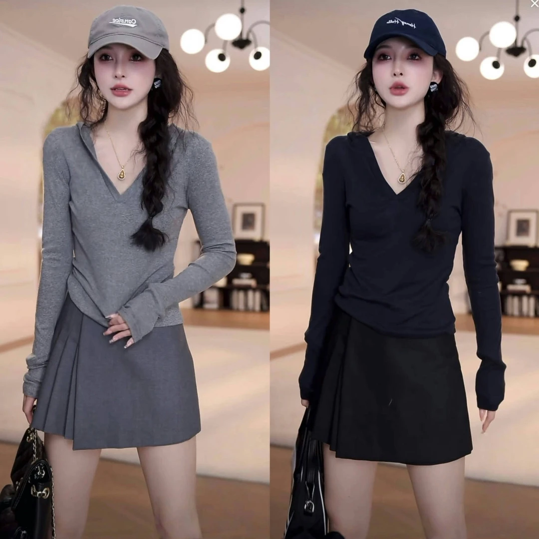 早春穿搭一整套女装洋气休闲装连帽T恤+百褶裙裤两件套新款爆款