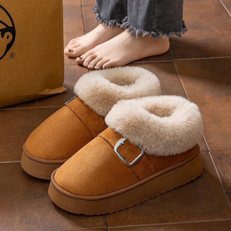 【刘叮咚女鞋】皮带扣麂皮毛绒居家舒适厚底外穿高帮棉拖鞋A996