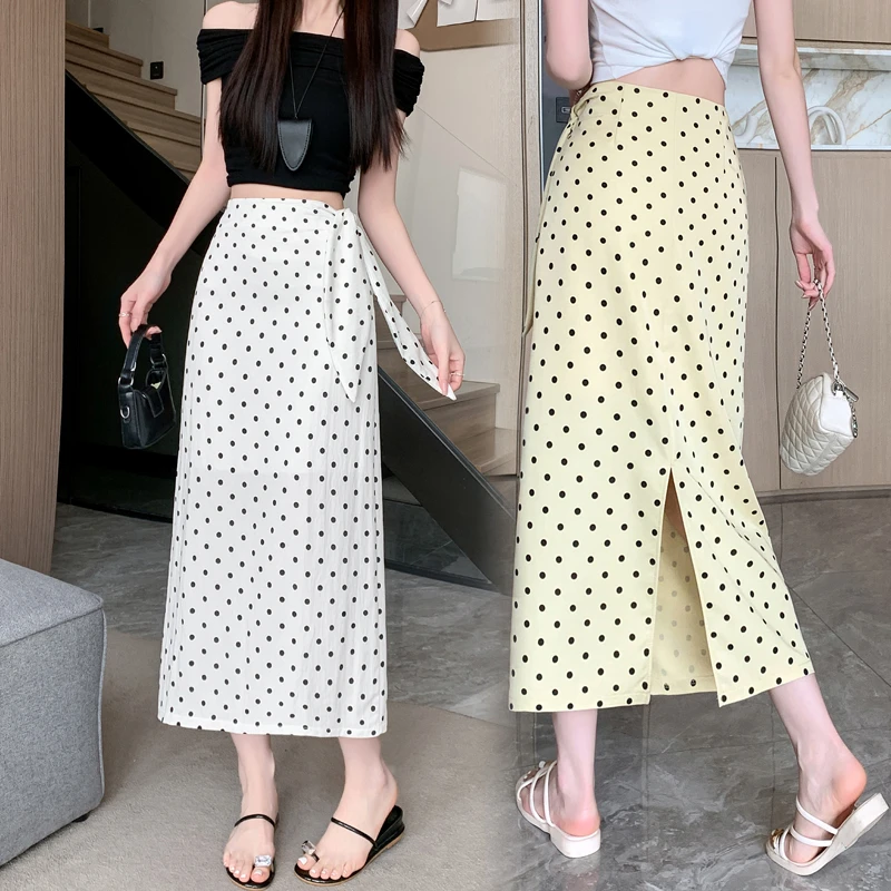韩系系带波点裙半身裙女包臀裙夏季新款高腰开叉直筒裙气质长裙