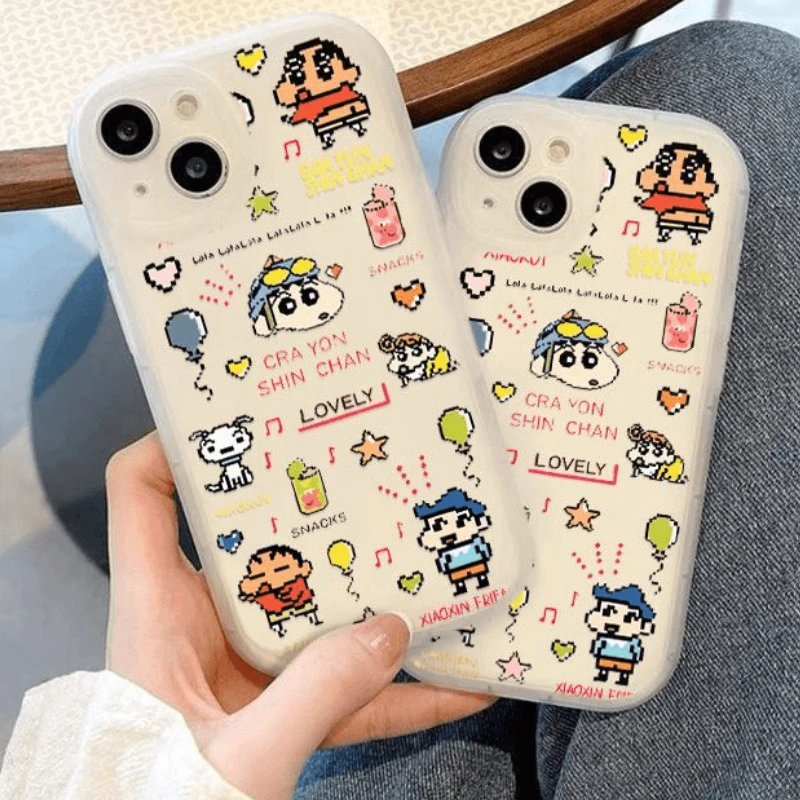 小新适用16ProMax到6可爱卡通防摔手机壳透明像素小新加钢化