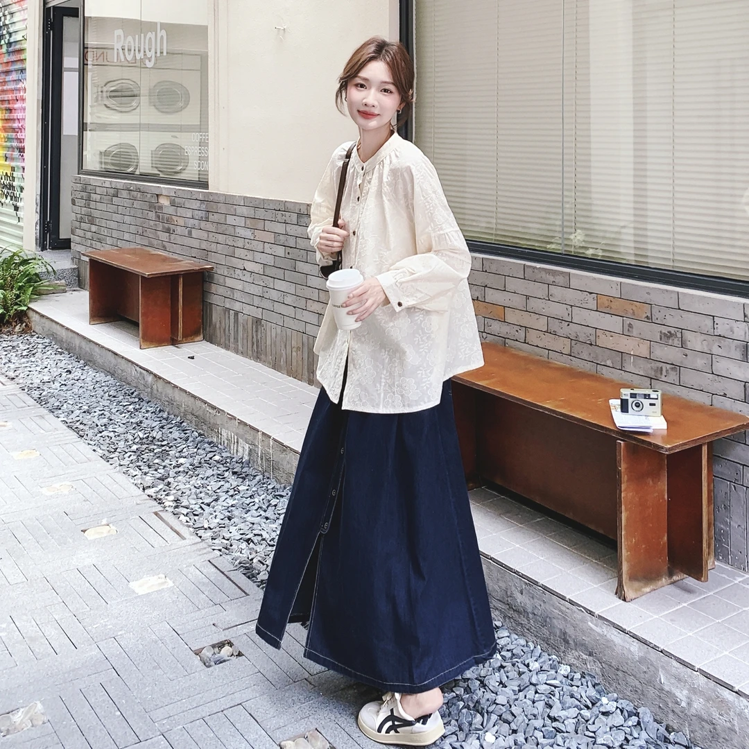 慵懒风松弛感穿搭一整套秋新款韩系肌理感衬衫牛仔半身裙两件套
