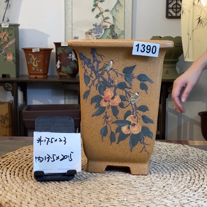 紫砂花盆特惠新品柴烧彩绘四方签筒1390