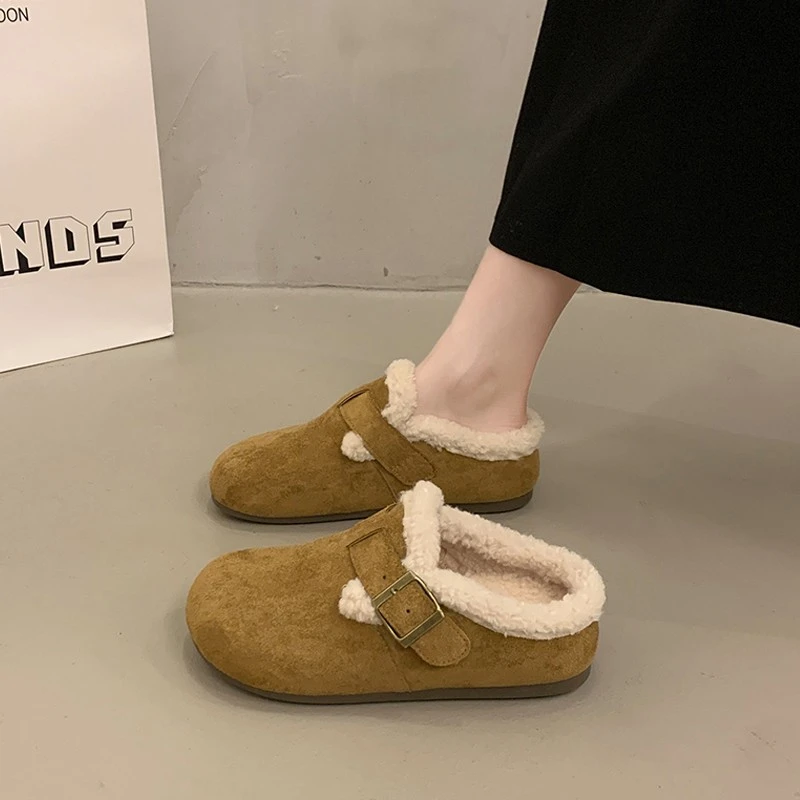 厚底包头半拖鞋女加绒勃肯鞋2025秋冬季新款一脚蹬保暖毛毛棉拖鞋