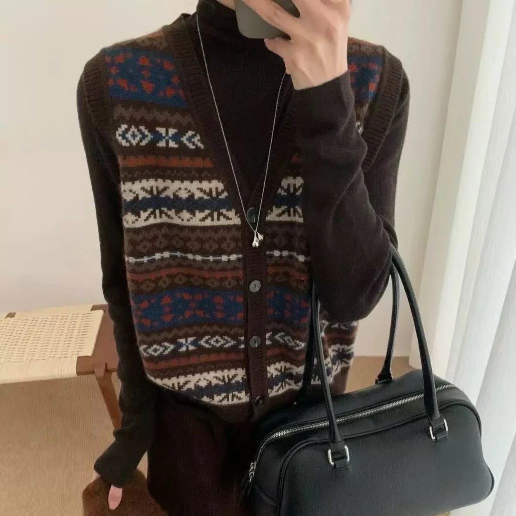 【两件套】欧货复古叠穿毛衣2025秋冬新款撞色条纹V领马甲+高领毛衣