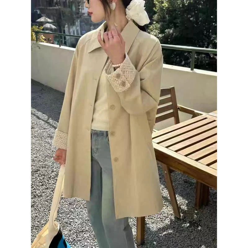 【mw1292】春秋新款蕾丝拼接中长款风衣外套女高级感气质大衣潮