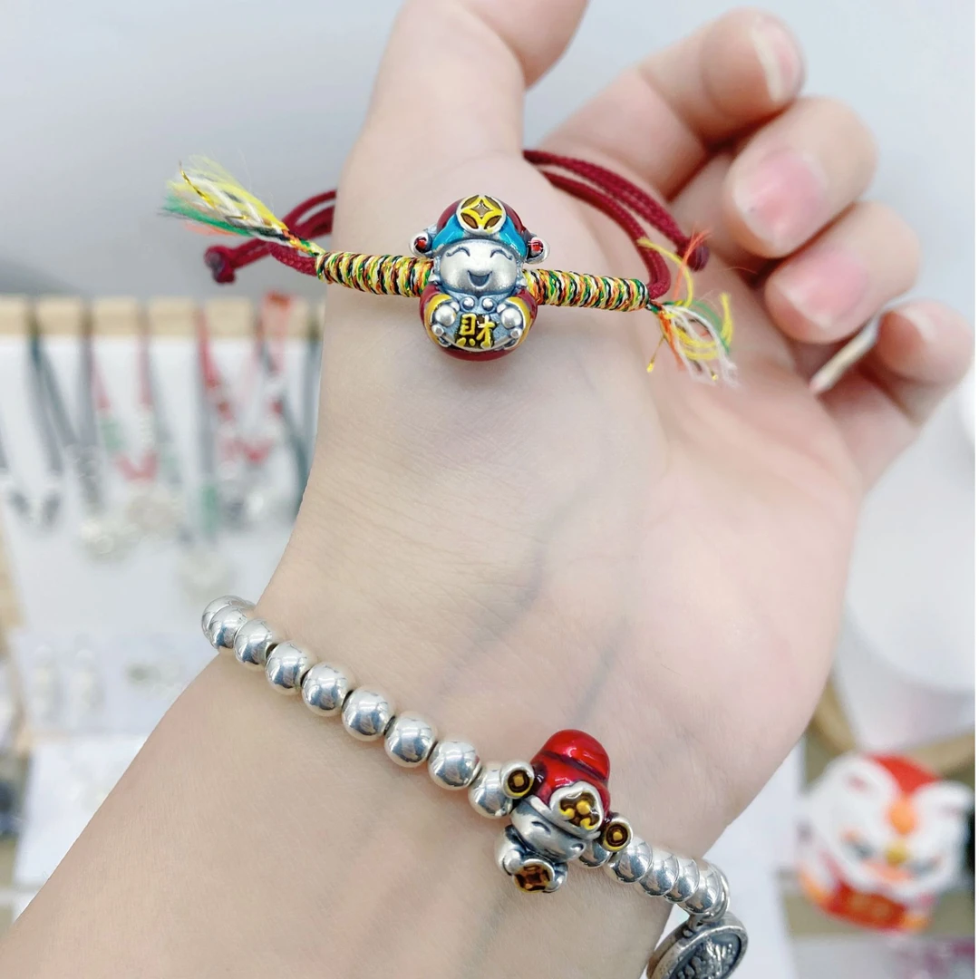 足银珐琅手链 足银珐琅财神爷手绳 红红火火财神爷手链