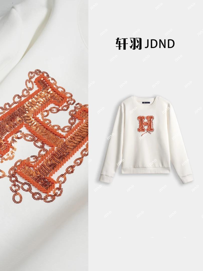 JDND轩羽【爱玛橘调】秋冬加绒亮片字母植绒减龄套头卫衣XY25590