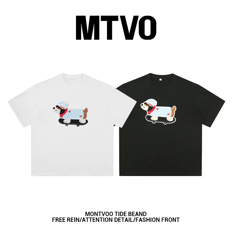 春夏季新款腊肠狗图案毛巾绣重磅短袖T恤美式潮流宽松情侣短袖