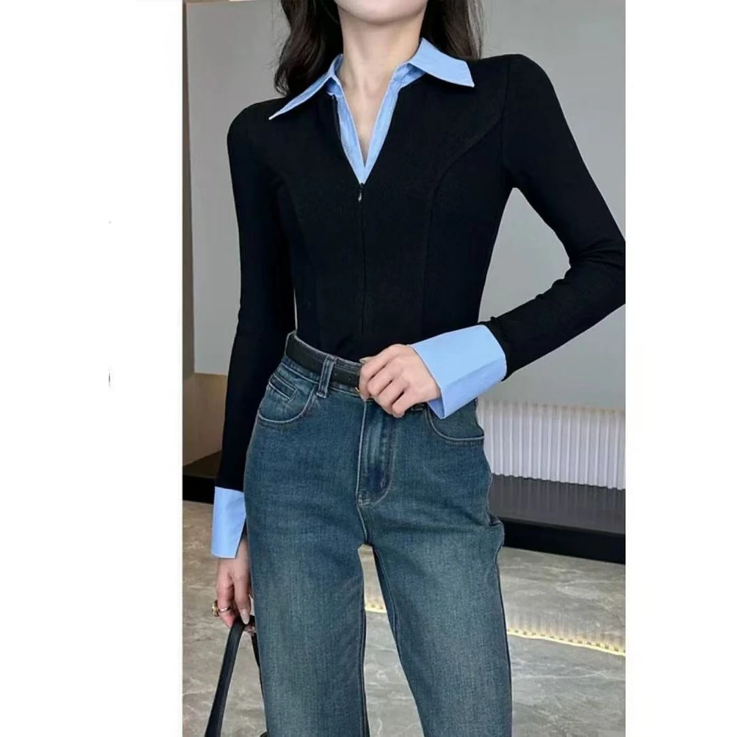 气质polo领女修身假两件女2025春季新款时尚别致通勤百搭长袖