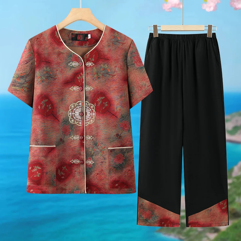 奶奶夏装套装女中老年人短袖开衫妈妈夏季两件套休闲老人舒适衣服
