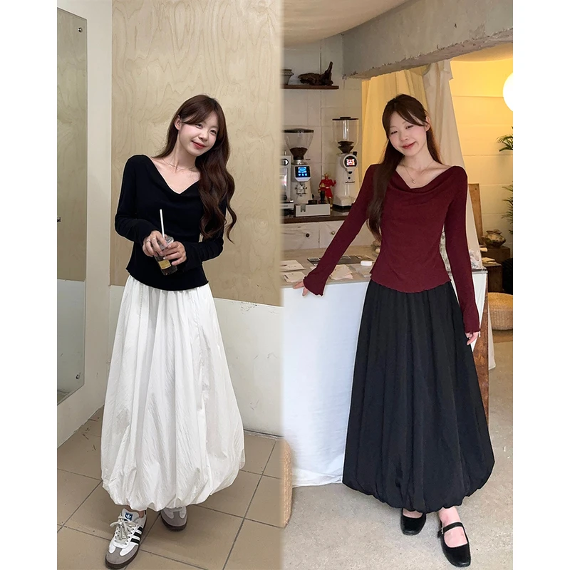 2025秋季新款胖mm大码荡领内搭上衣高腰蓬蓬花苞半身裙两件套搭配