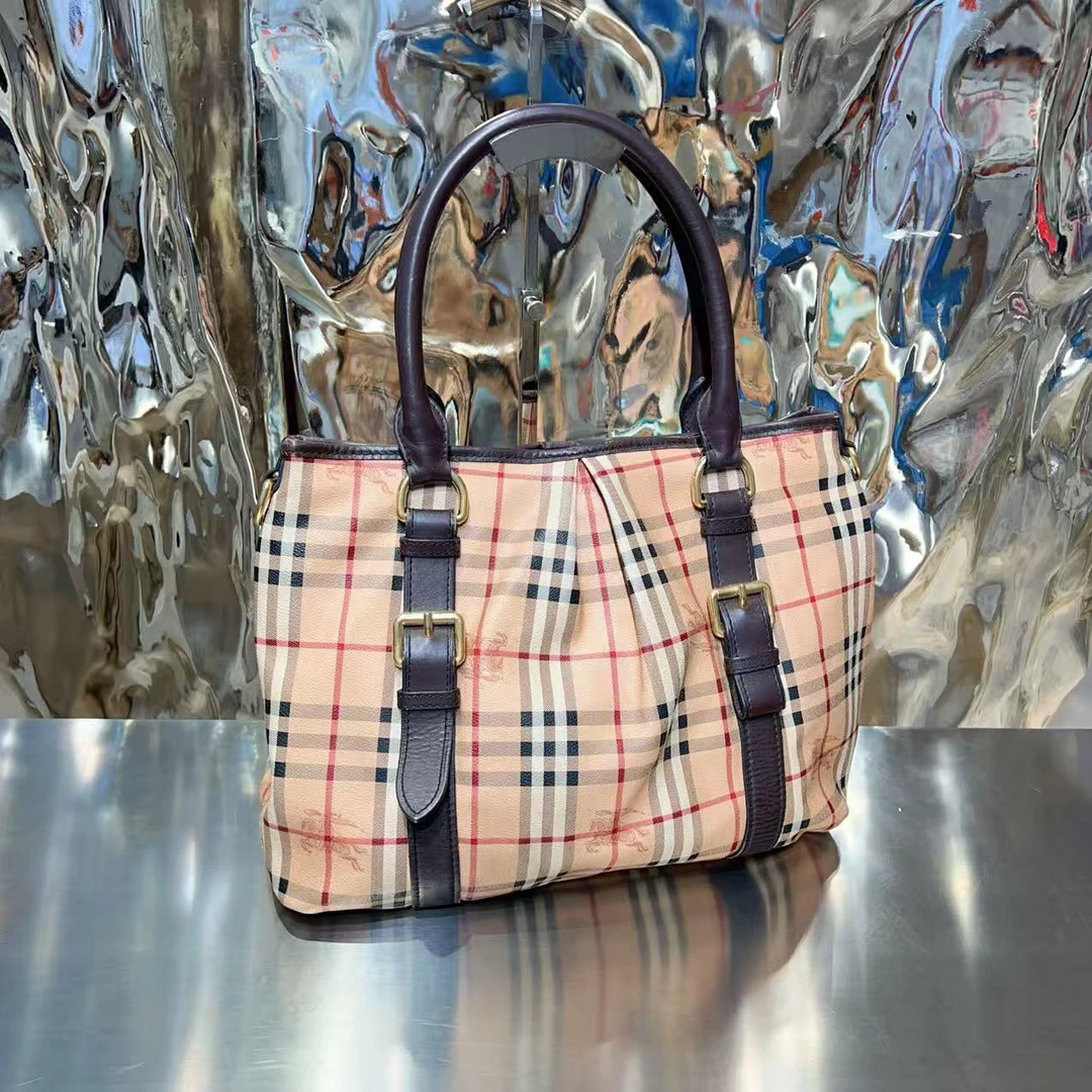 95新 BURBERRY/博柏利 Burberry 橘色 格纹 帆布 单肩包 /0000