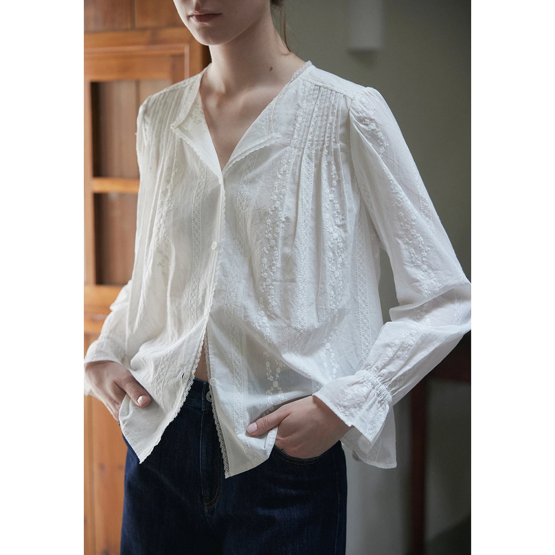 Nice people2025AW 100棉 法式刺绣提花小花边圆领长袖衬衫