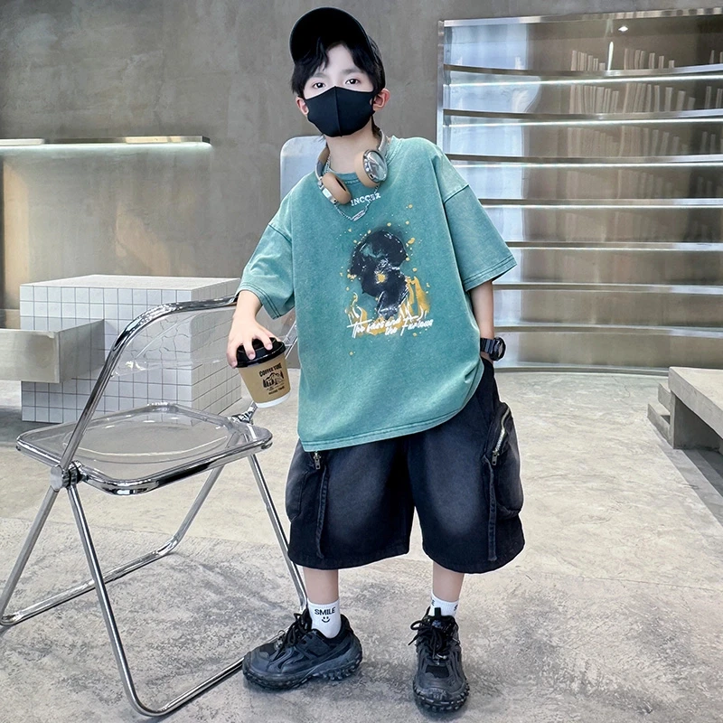 男童短袖套装夏季薄款2025新款中大儿童夏装半袖牛仔裤痞帅两件套