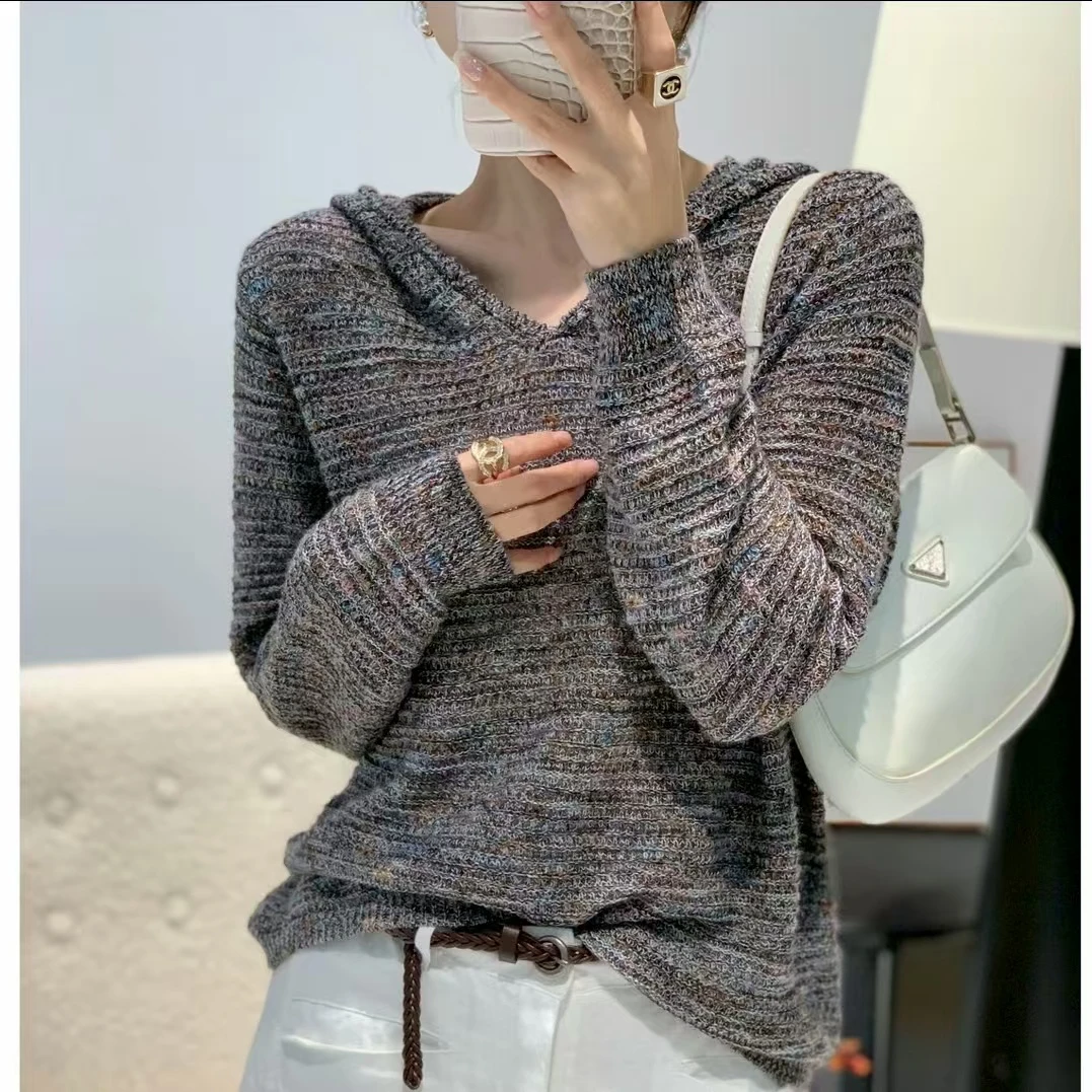熙兰雅2025新款连帽花纱撞色镂空气质百搭针织开衫v1120 J6159