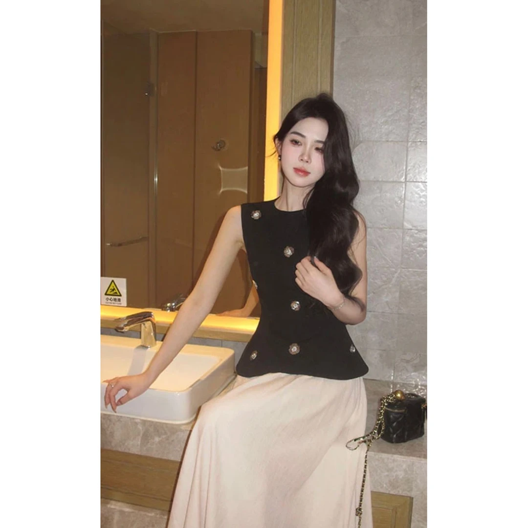 夜影花语春夏季新款无袖黑色背心上衣修身气质收腰半裙套装