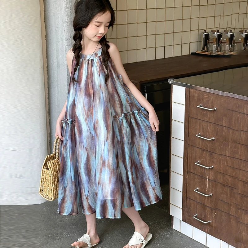 女童洋气裙子2025新款女大童夏季连衣裙儿童时尚沙滩裙度假休闲裙