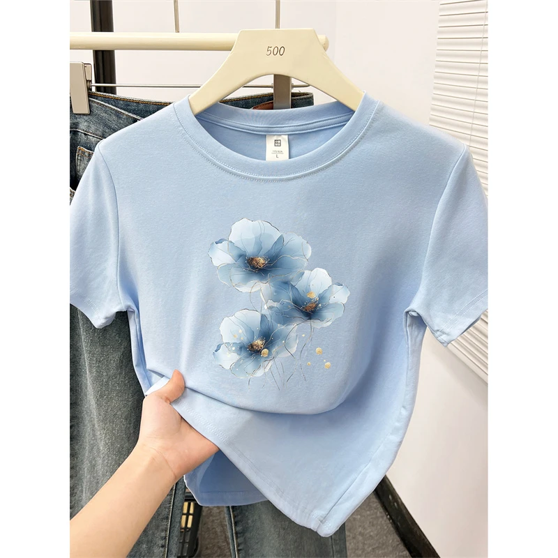 花卉印花圆领正肩短袖t恤夏季韩版时尚大码女装胖mm显瘦半袖上衣