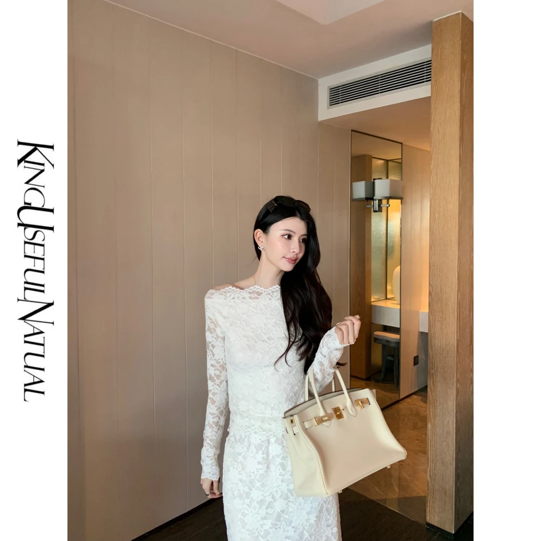 KUN【弥斯女神】雪尼尔蕾丝缎面丝带拼接花边钻扣细节一字领套装