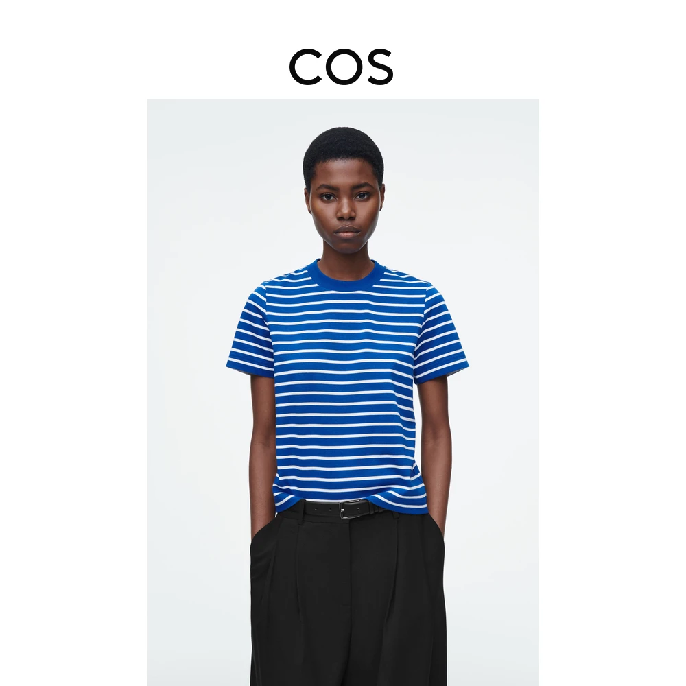 COS女装 标准版型圆领短袖T恤蓝色/条纹2025春季新品0960679121