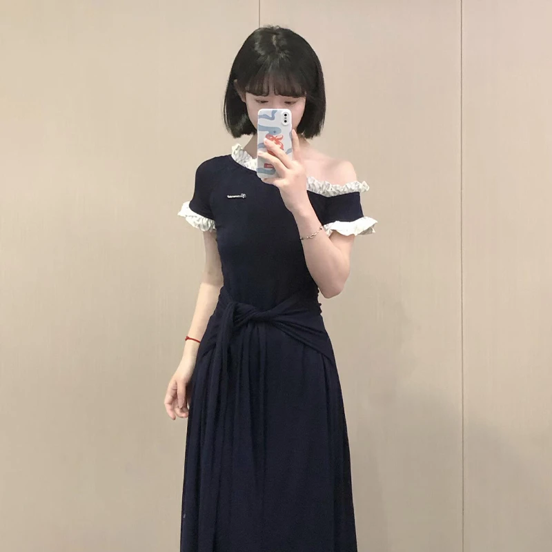 2025新款韩系假两件蓝色斜肩短袖连衣裙子女夏气质高级感收腰长裙