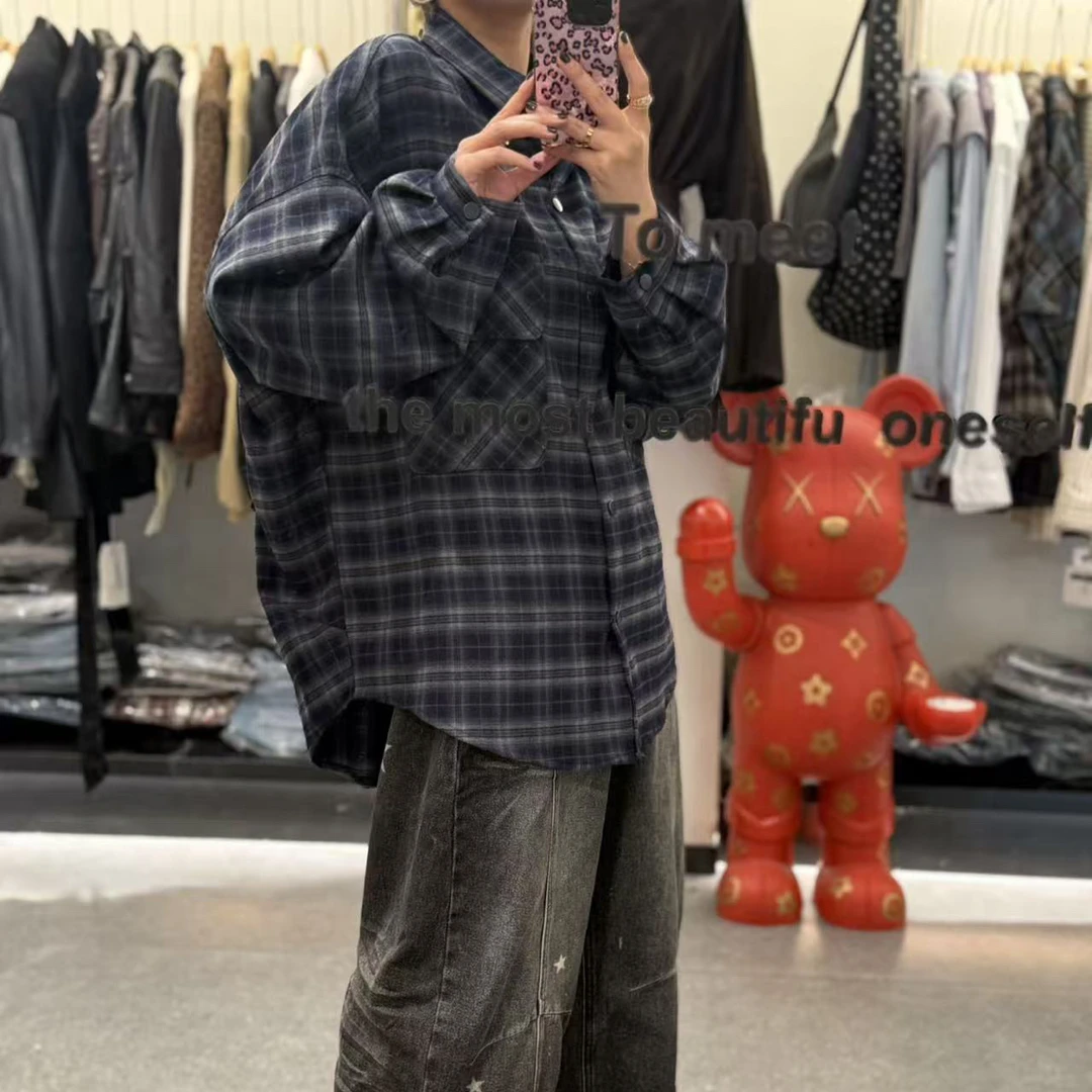 XMM韩系磨毛格子长袖衬衫