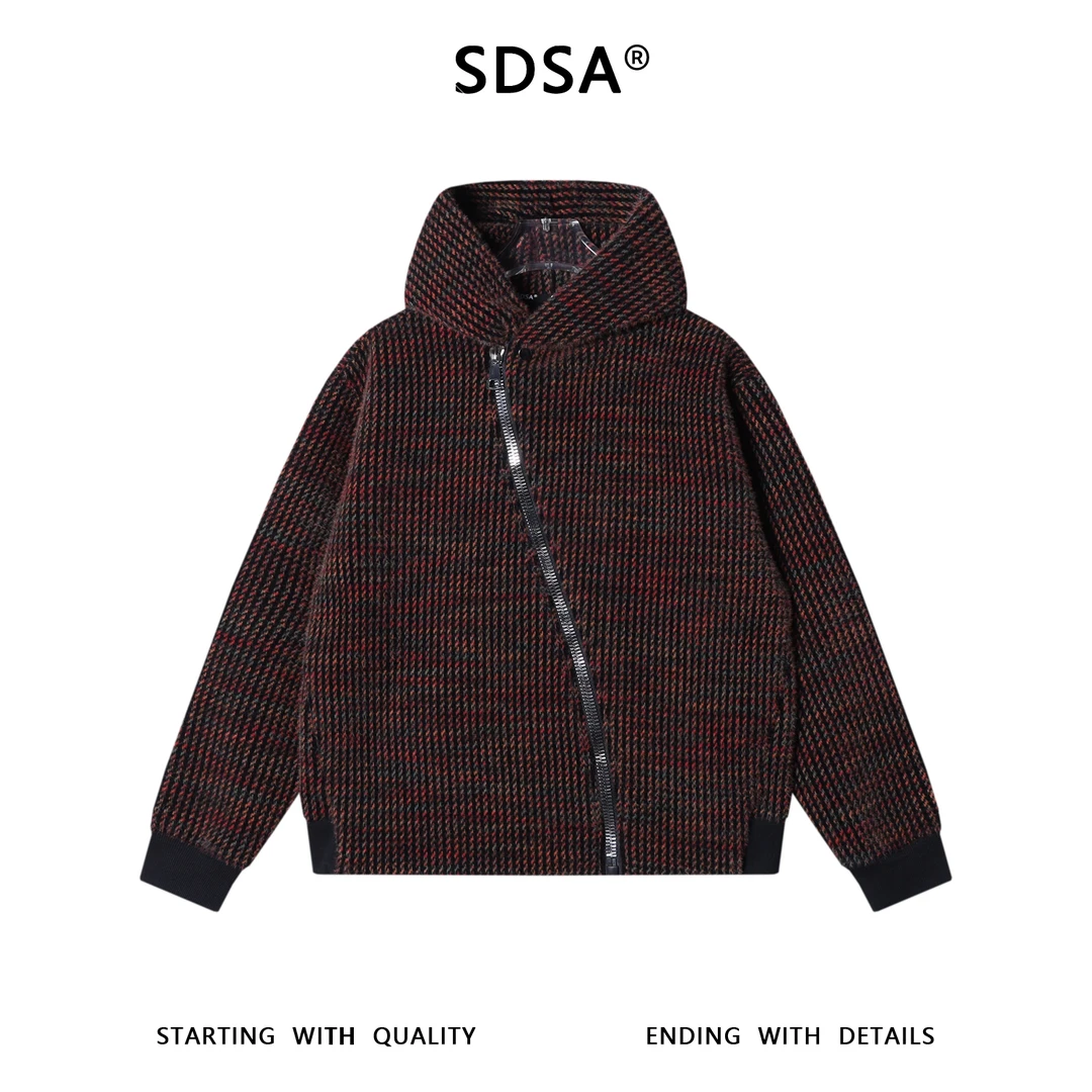 SDSA男士秋冬新款痞帅男装休闲彩色竖纹斜拉链连帽卫衣百搭时尚