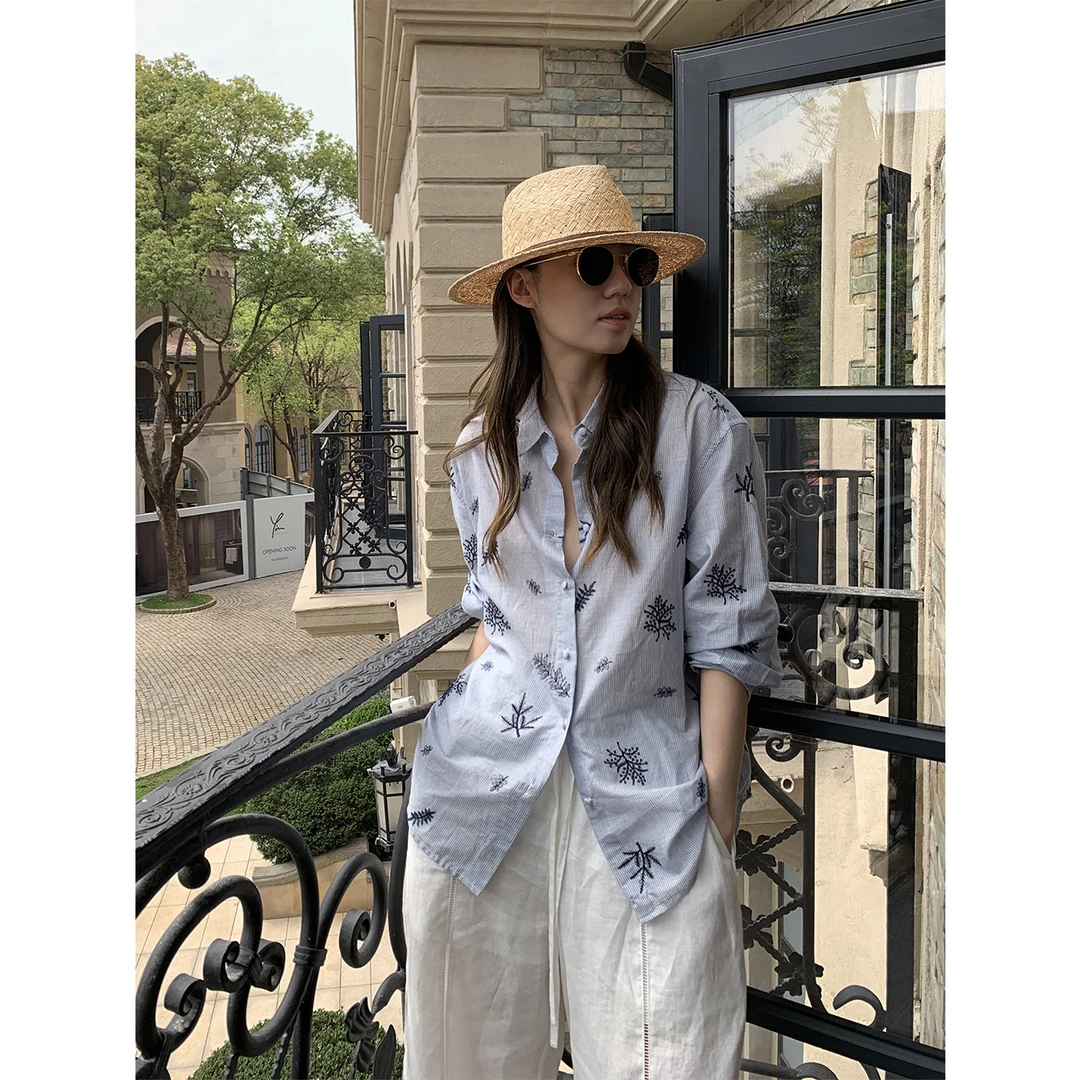 【杜乐花园】蓝色法式条纹衬衫外套树叶刺绣印花上衣 C31666GK51