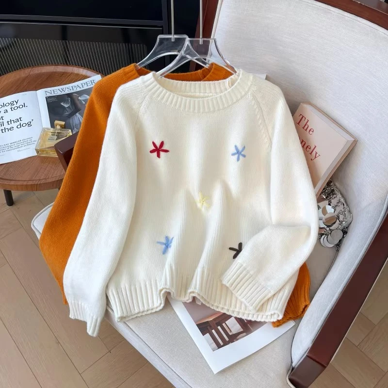 圆领重工花朵刺绣针织衫女秋冬大码胖妹妹洋气减龄显瘦宽松毛衣女