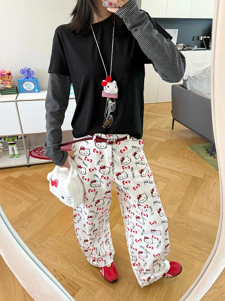 慵懒风满印HelloKitty白色阔腿牛仔裤女夏季宽松显瘦直筒拖地裤子