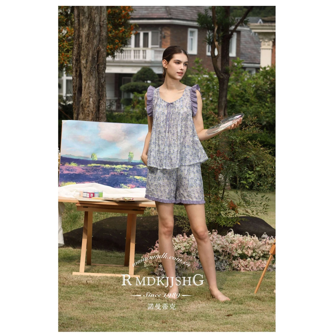 诺曼丝泡泡显瘦花边无袖短裤法式印花甜美短袖套装休闲时尚2420