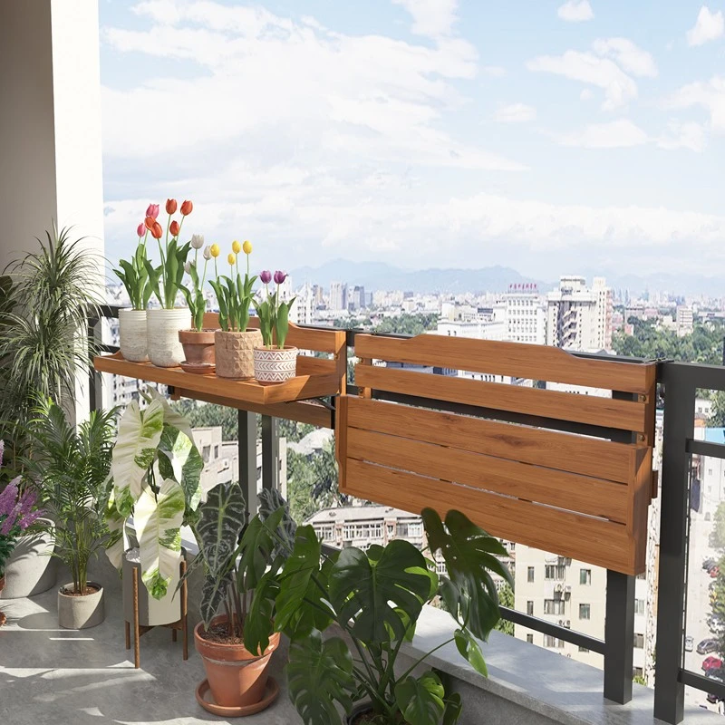 【折叠栏杆花架】阳台挂式花盆架实木休闲小吧台桌护栏悬挂置物架