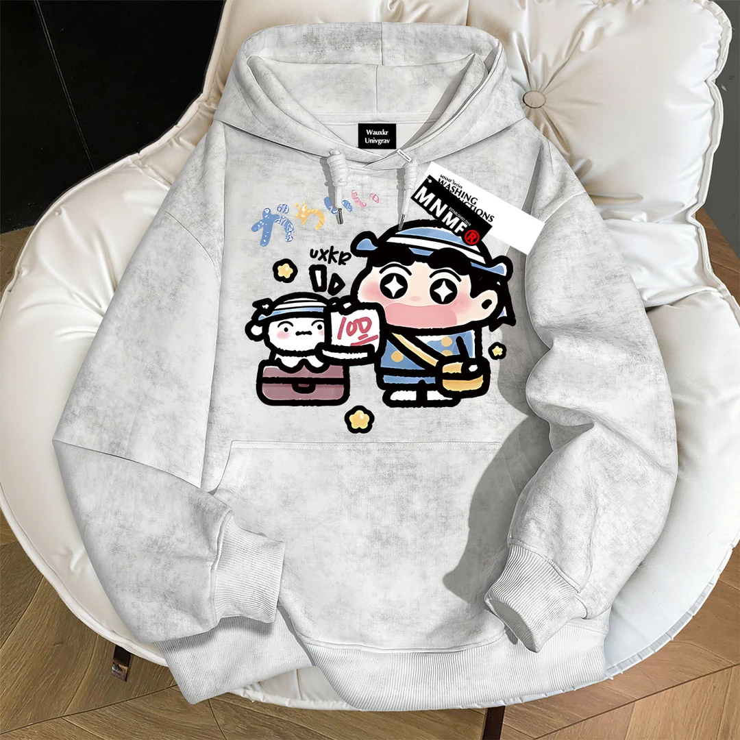 男女童秋冬新款扎染连帽卫衣美式创意蜡笔小新印花中学生宽松上衣