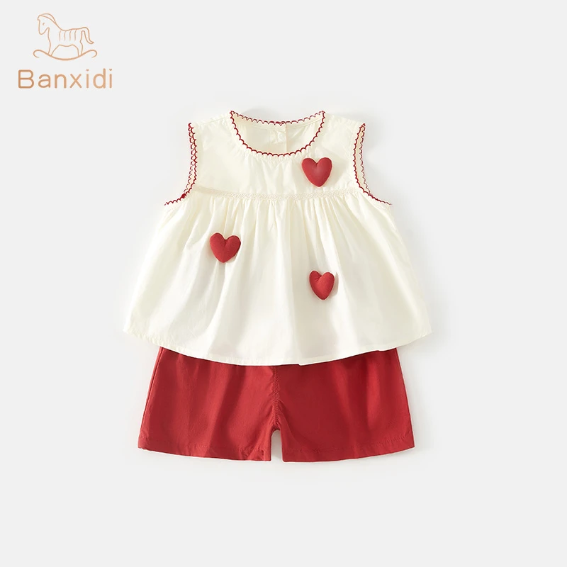 班喜迪女童夏装套装新款洋气时髦儿童无袖上衣短裤夏季女宝宝衣服