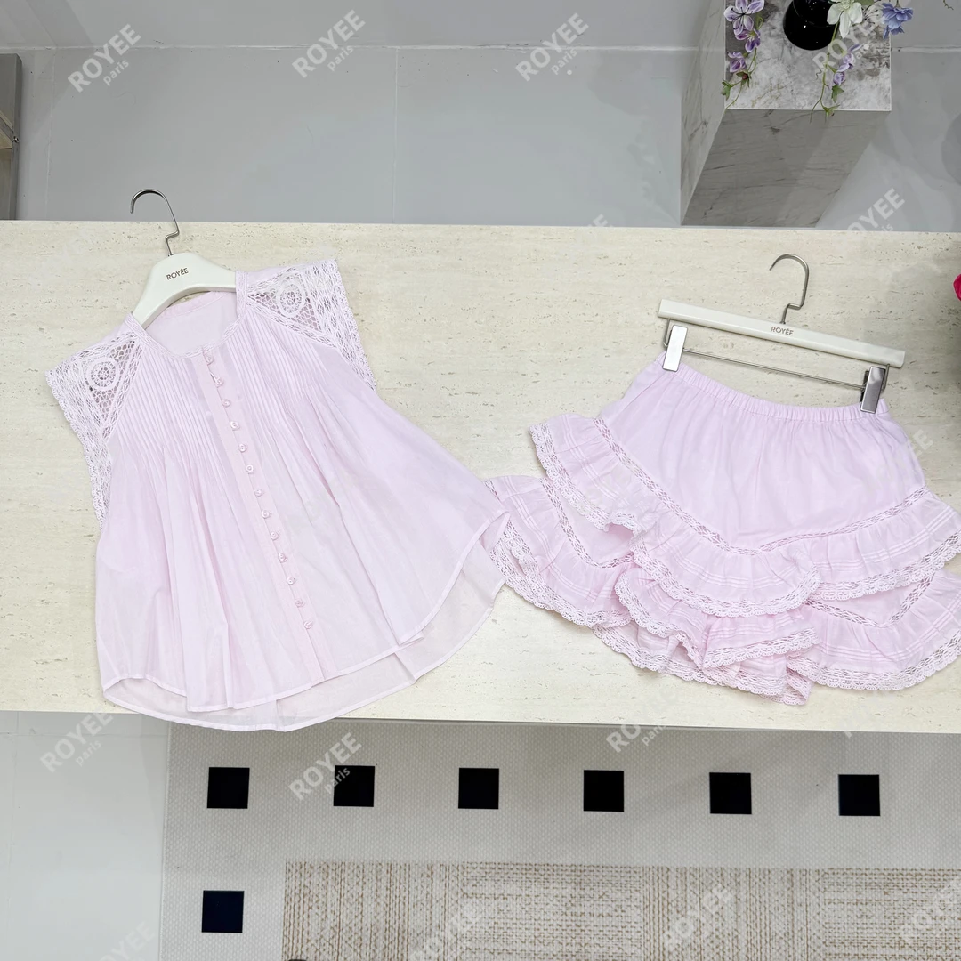 【层次美学】法式甜美减龄清新蜜桃色蕾丝花边衬衫+裙裤套装RY1083