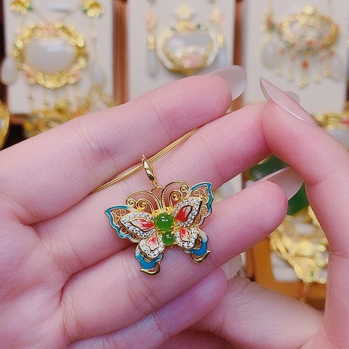 颈饰银S925镀金镶嵌和田玉