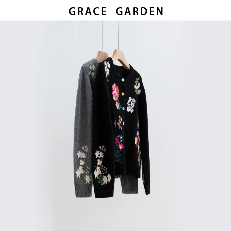GRACE GARDEN【嵌花开衫！350g+】气质百搭花朵针织开衫ZZS5I1003