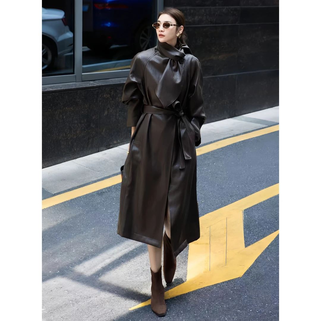 ZEROYK高级感皮衣风衣外套女2025秋季新款英伦风复古中长款大衣