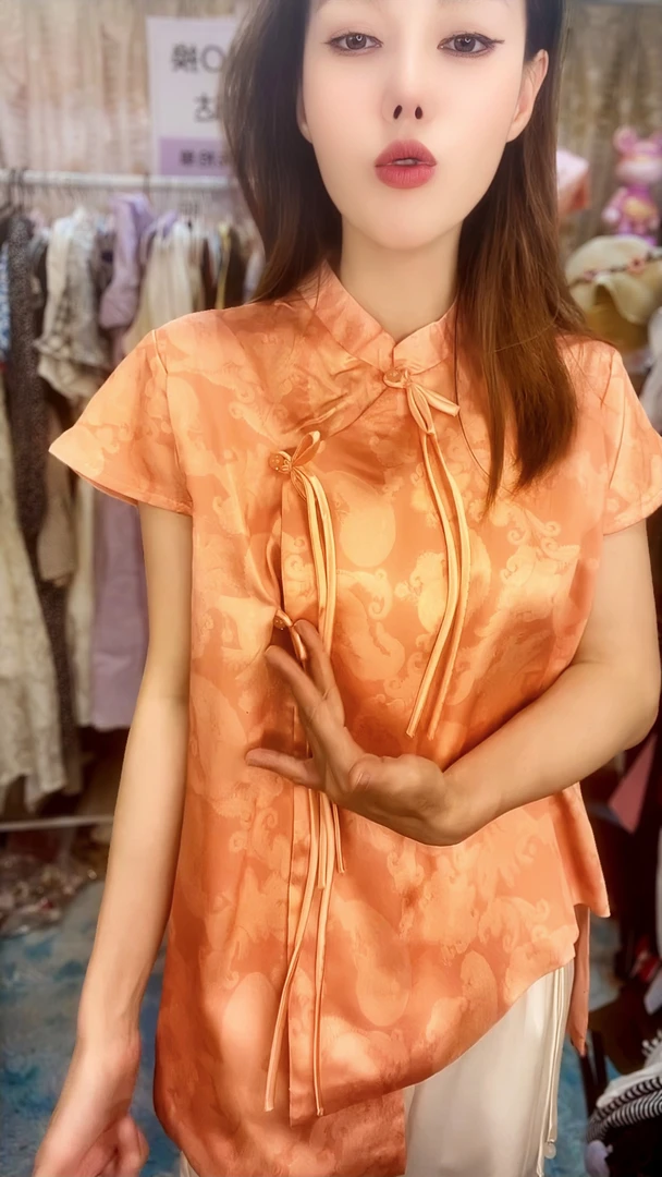 中式立领盘扣短袖提花衬衫上衣夏季新款复古宽松设计