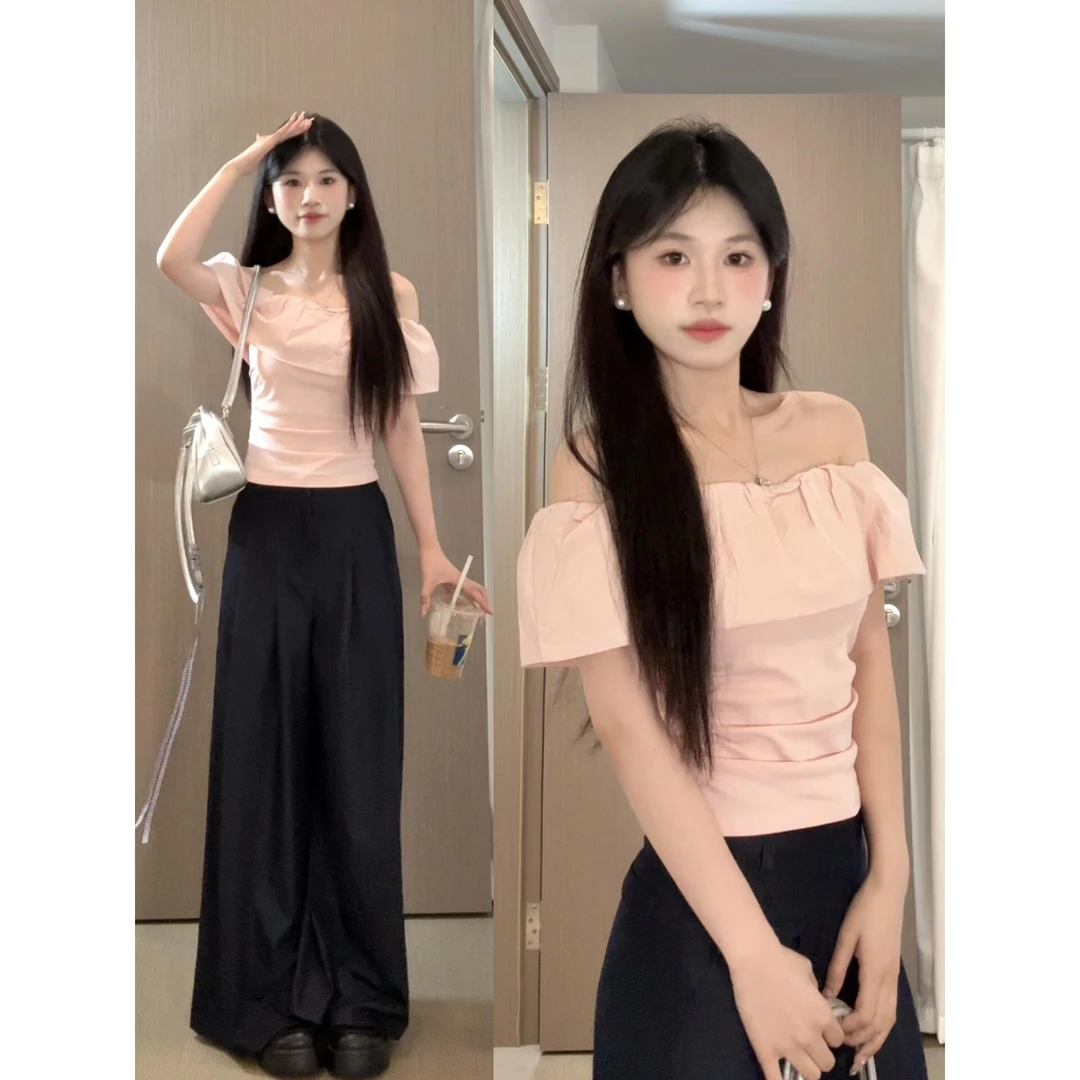 韩系气质显瘦一字肩短袖t恤女夏季小个子少女温柔风短款露肩上衣