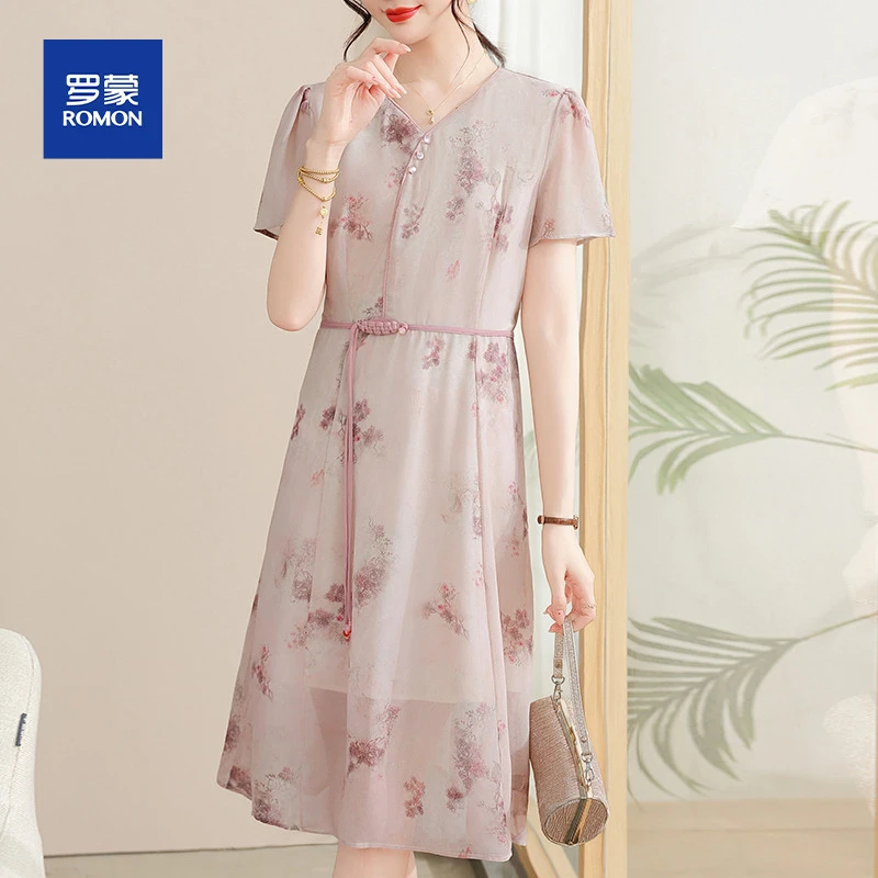 中年妈妈夏装雪纺连衣裙洋气高贵2025新款中老年夏季国风短袖裙子